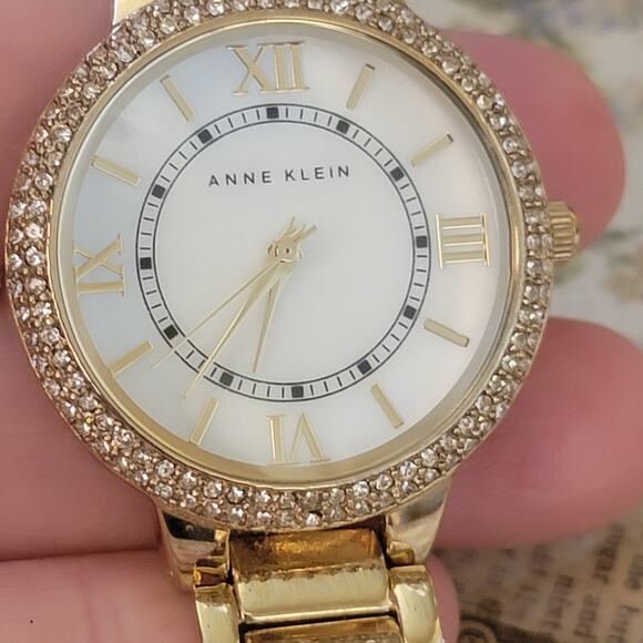 Anne Klein Gold Watch with Crystal Bezel & Roman Dial Model AK/1498 - Picture 1 of 10